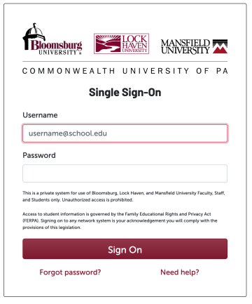 Commonwealth University Single Sign-on Screen