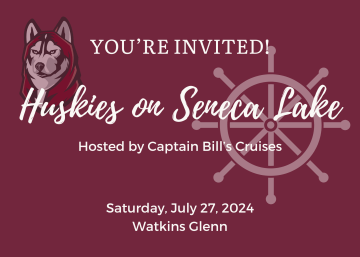 Maroon postcard with white lettering: you're invited To Huskies on Seneca Lake