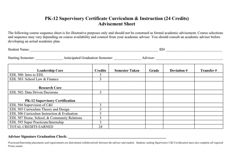 PK-12 Supervisory Certificate in Curriculum and Instruction Only - Course Sequence Worksheet