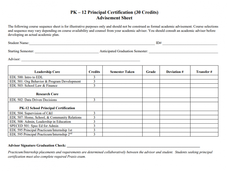PK-12 Principal Certification Only - Course Sequence Worksheet