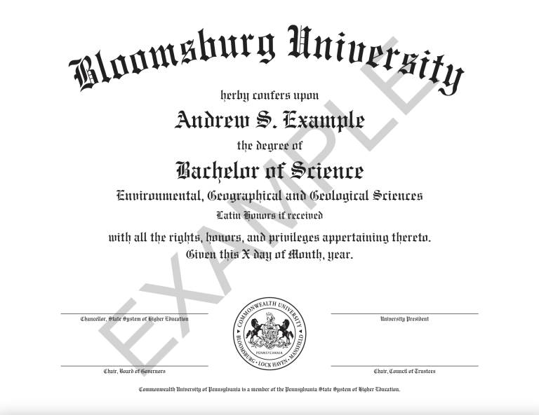 Example diploma that reads Bloomsburg University at the top