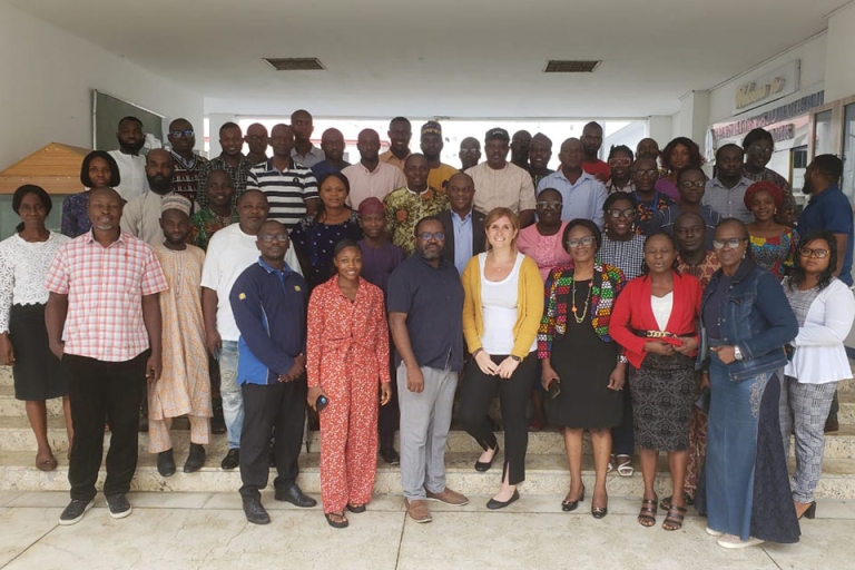 Jessica Briskin with students and teachers in Nigeria