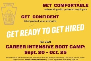 Promotion for Career Intensive Boot Camp: maroon and white lettering on yellow background