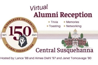 150th Anniversary social - Central Susquehanna. Photo shows carver hall with the BUAA 150th logo.