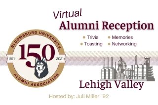 150th Anniversary social - Lehigh Valley. Photo shows steel stacks complex with the BUAA 150th logo.