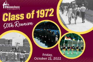 Maroon background with the words "Class of 1972" in yellow in upper right corner under the BU logo with four circular, yellow photo frames situated like bubbles in the rest of the card, each with a photo from campus in 1972: majorettes, students walking to class, students playing basketball outside and a line of graduates at commencement.