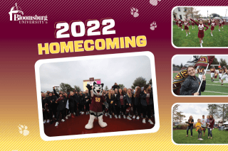 A maroon background fades into yellow from top to bottom, with big white letters "2022" and large "HOMECOMING" text in yellow caps with a photo of the husky mascott surrounded by cheerleaders on the left side of card. On right side of card are three photos stacked vertically of cheerleaders, color guard and a family on the alumni house lawn.