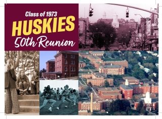 photo collage of Bloomsburg campus and students in 1973. Upper left corner has marroon background with is a large yellow word "Huskies" situated verticallly between the words "Class of 1973" and "50th Reunion" in white lettering.