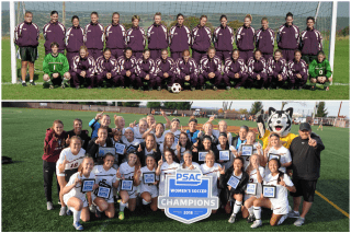 a stacked collage of two images. The top a group photo of the 1998 women's soccer PSAC Championship team and the bottom photo is of the  2018  women's soccer PSAC Championship team