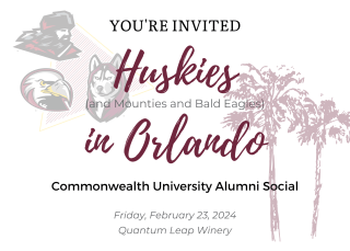 White postcard with maroon lettering: you're invited To Huskies (and Mounties and Bald Eagles) in Orlando