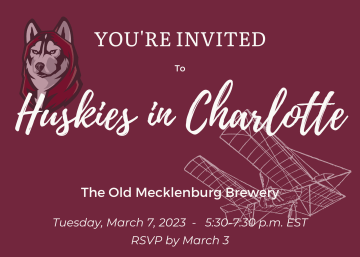 Maroon postcard with white lettering: you're invited To Huskies in Charlotte Tuesday March 7, 2023 The Old Mechlenburg Brewery  RSVP by March 3
