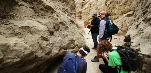 Geology students take note of a special rock formation during their field topics course