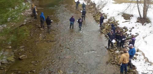 Hydrology students take readings of a stream for data analysis