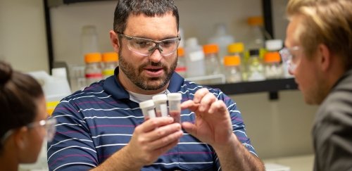 Biochemistry professor reviews test samples with students during a chemistry lab exercise