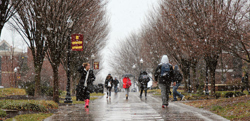 students walking in the quad while it's snowing