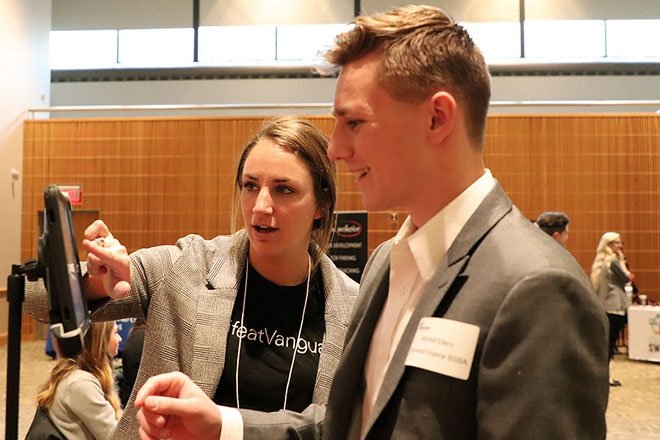 Finance major explores his option at an on-campus career expo