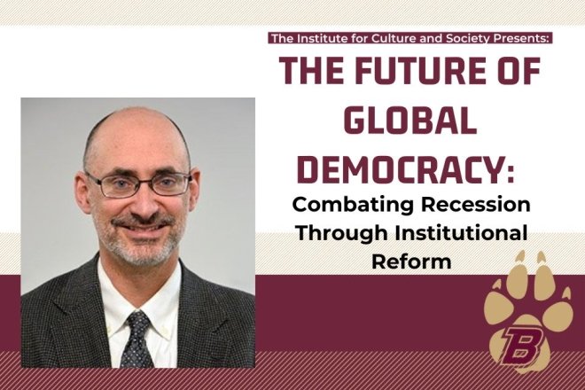 A poster for the lecture "The Future of Global Democracy: Combating Recession Through Institutional Reform" with an attached image of Dr. Peter Doerschler