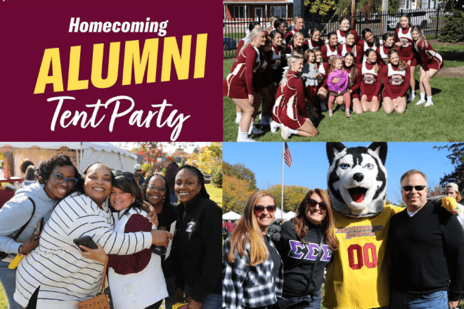 photo collage of previous Homecoming attendees including Roongo and BU Cheerleaders. Upper left corner is a large yellow word "Alumni" situated verticallly between the words "Homecoming" and "Tent Party" in white lettering.