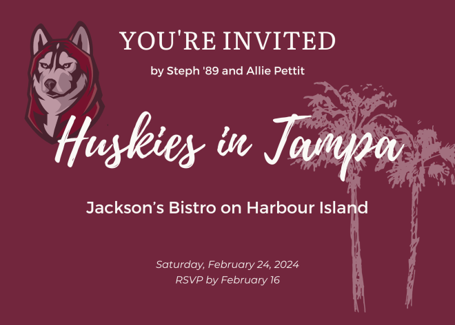Maroon postcard with white lettering: you're invited To Huskies in Tampa